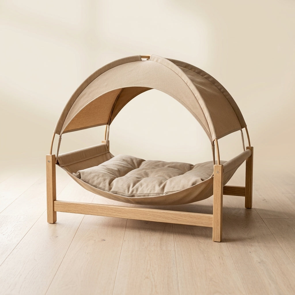 CalmLair™ BreezePaw Elevated Cooling Pet Canopy Bed – Portable Raised Dog & Cat Beach Bed with Detachable Sunshade Canopy, Breathable Mesh Center & Sturdy Wooden Frame for Indoor/Outdoor Use