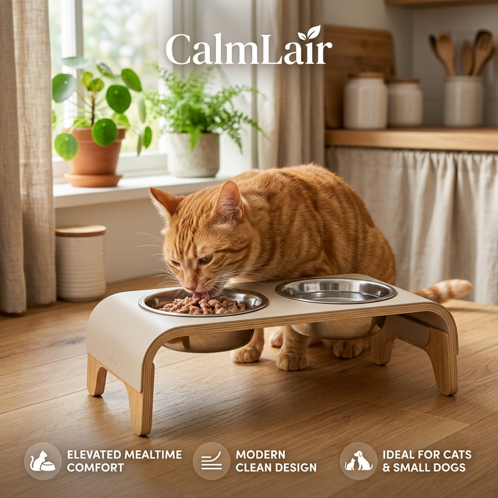 CalmLair™ DreamDine Elevated Pet Bistro Set – Ergonomic Tilted Raised Cat & Dog Bowls with Food-Grade Stainless Steel Inserts & Spill-Proof Base