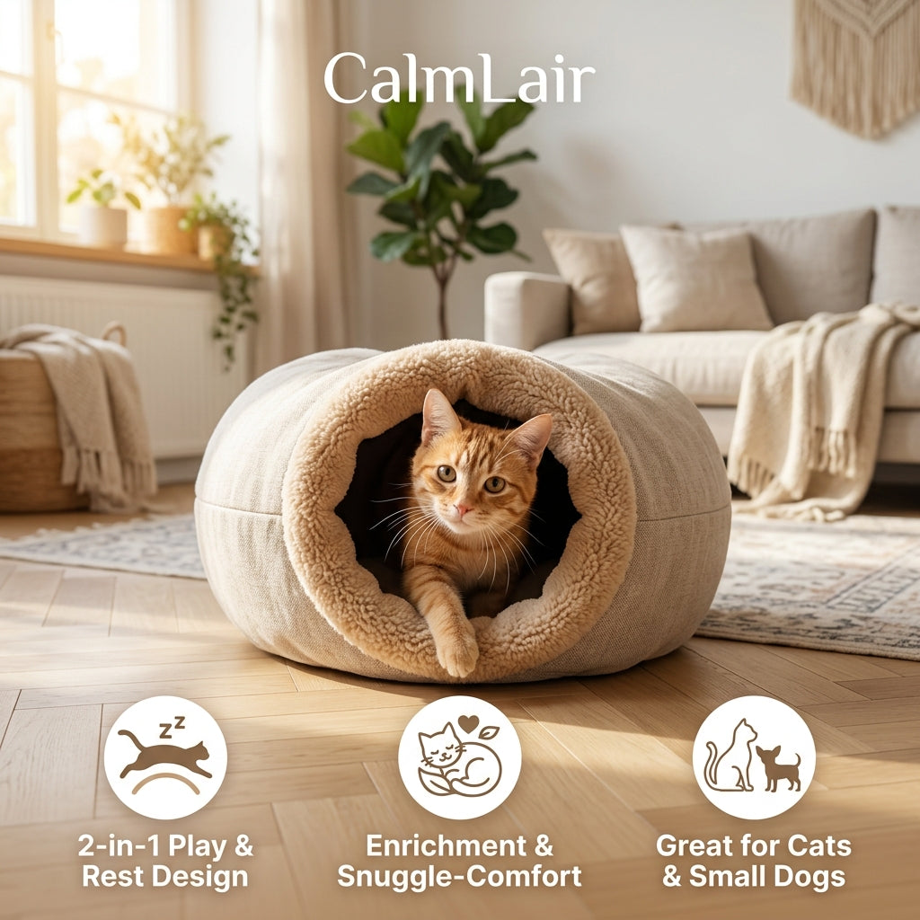 CalmLair™ HavenLoop Pet Play Tunnel Bed – 2-in-1 Foldable Cat Tunnel with Detachable Central Cushion Bed for Cats, Kittens, Rabbits & Small Dogs