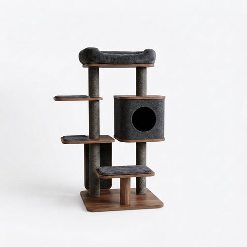 CalmLair™ ZenTower Modular Cat Tree & Scratching Post Activity Center – Noise-Reducing Felt Condos, Sisal Wrapped Posts, Multi-Platform Design with Detachable Plush Cushion for Cats & Kittens
