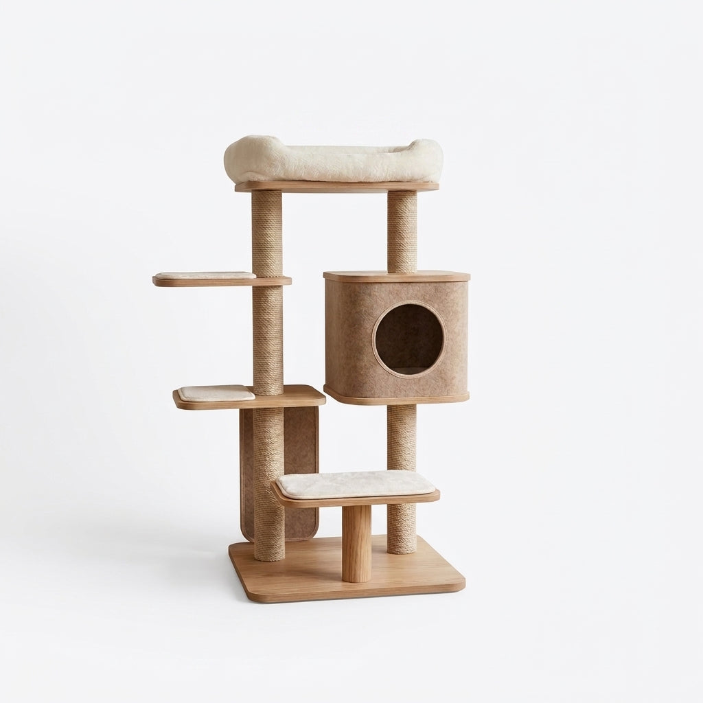 CalmLair™ ZenTower Modular Cat Tree & Scratching Post Activity Center – Noise-Reducing Felt Condos, Sisal Wrapped Posts, Multi-Platform Design with Detachable Plush Cushion for Cats & Kittens