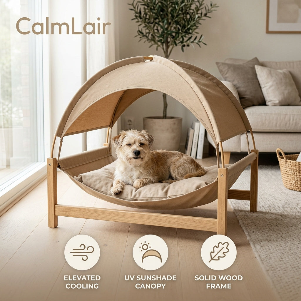 CalmLair™ BreezePaw Elevated Cooling Pet Canopy Bed – Portable Raised Dog & Cat Beach Bed with Detachable Sunshade Canopy, Breathable Mesh Center & Sturdy Wooden Frame for Indoor/Outdoor Use
