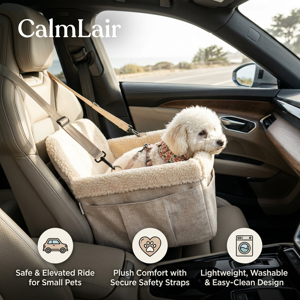CalmLair™ PawHaven Travel Booster Seat – Heavy-Duty Waterproof Dog Car Seat Bed with Reinforced Safety Tethers, Memory Foam Cushion & Storage Pockets
